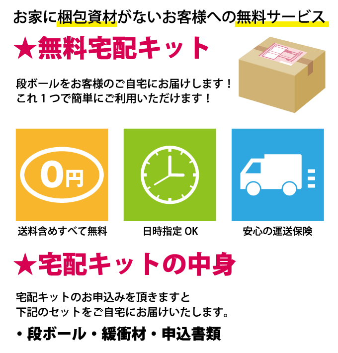 お家に梱包資材がないお客様への無料サービス ★無料宅配キット 段ボールをお客様のご自宅にお届けします!これ1つで簡単にご利用いただけます! 送料含めすべて無料 日時指定OK 安心の運送保険 ★宅配キットの中身 宅配キットのお申込みを頂きますと下記のセットをご自宅にお届けいたします。 ・段ボール・緩衝材・申込書類